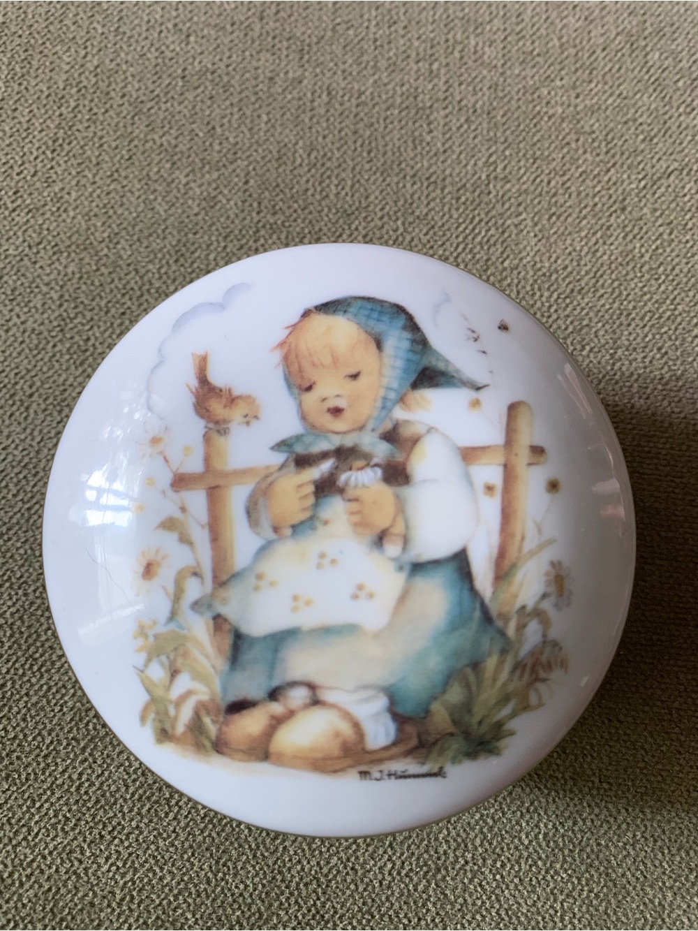 M.J. Hummel Porcelain Trinket Box - 14k gold rim and accent